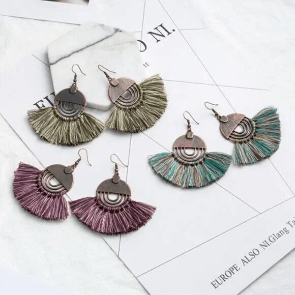 2/$21 Ladies Teal Aztec Dangle Tassel Earrings - Picture 3 of 6